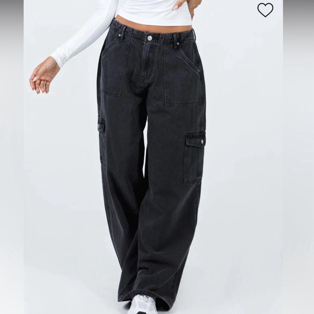 Princess Polly ADRIANNE WIDE LEG CARGO JEANS Black Gray Wash Denim Size 4